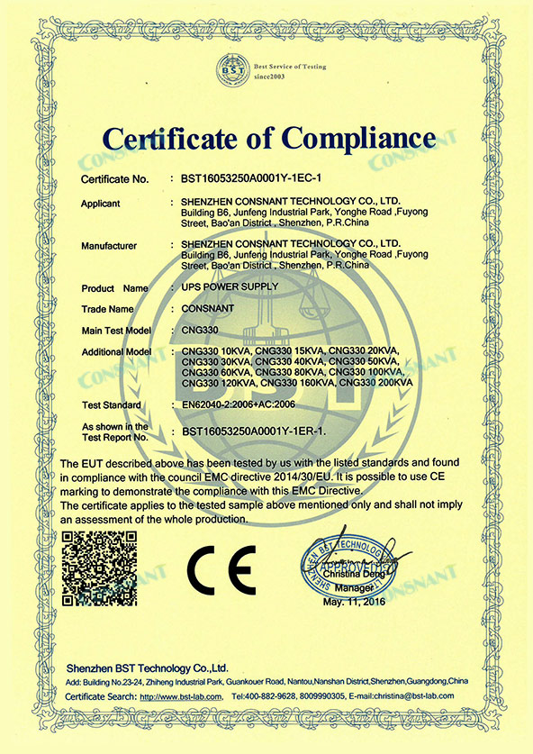 Certificado de cumplimiento - UPS en línea de baja frecuencia CE