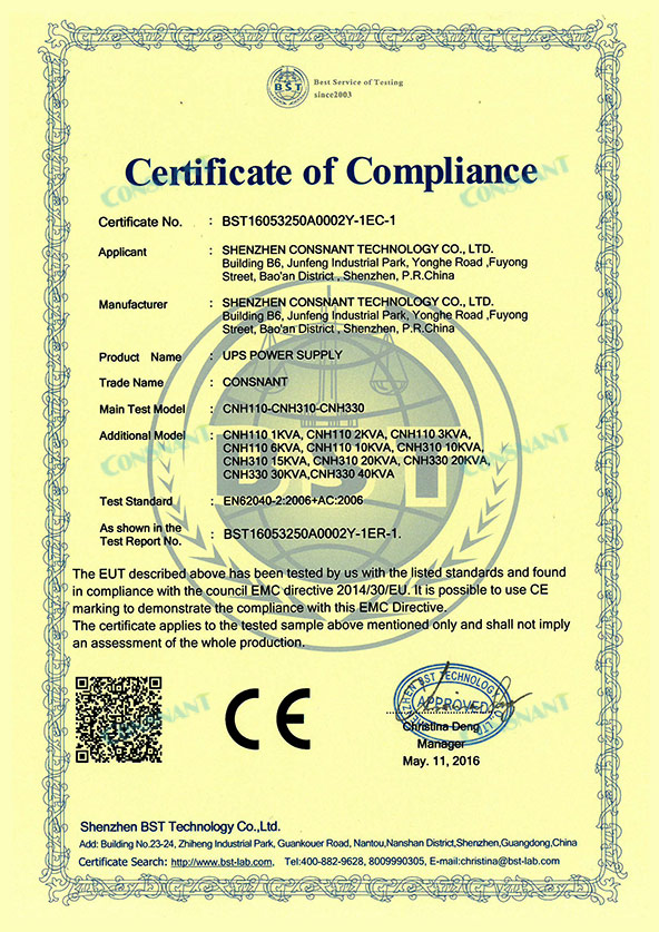 Certificado de cumplimiento - UPS en línea de alta frecuencia CE